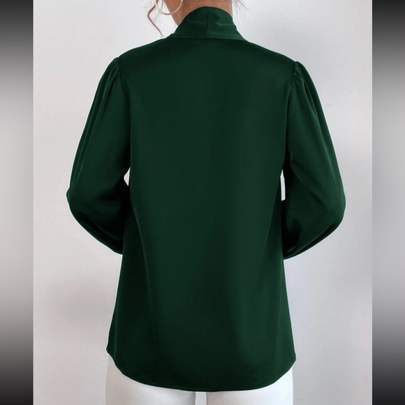 Classic Elegant Satin Tie Neck Work Office Top Blouse Shirt Green - Picture 2 of 16